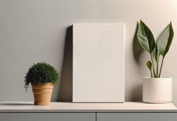 A mock-up of a painting showing a small-sized rectangular canvas standing next to plants. High quality photo.