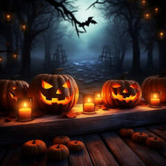 Halloween, pumpkin head, moon in the night sky, spooky trees and bats - Halloween background. AI creation