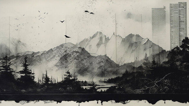 Mountain Landscape Mixed Media Collage Black and White Photography Forest Pine Trees Muted Nature Natural