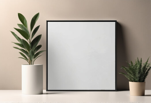 A mock-up of a painting showing a square canvas standing next to plants. High quality photo.