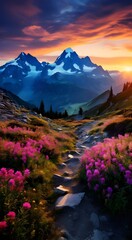 Fototapeta na wymiar A breathtaking landscape capturing the serene beauty of the Swiss Alps, featuring snow-capped peaks, lush meadows, and pristine lakes.