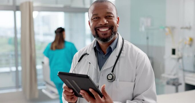 Hospital, face and black man with a tablet, doctor and typing with website info, internet and consultant. African person, portrait and medical professional with tech, clinic and research with email