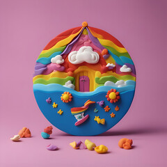 Rainbow house and clouds on a pink background. 3d rendering