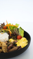 Green Chili Squid with Rice, Crispy Fried Mushroom, Scrambled Egg, and Vegetables