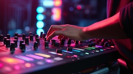 DJ Hands, dj console mixer on concert nightclub stage, music colors