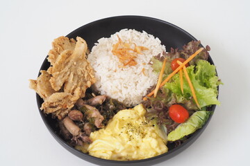 Green Chili Squid with Rice, Crispy Fried Mushroom, Scrambled Egg, and Vegetables