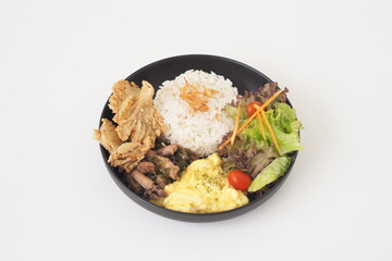 Green Chili Squid with Rice, Crispy Fried Mushroom, Scrambled Egg, and Vegetables