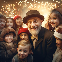 A teacher Janusz Korczak surrounded by children in a christmas atmosphere - 660232836