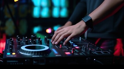 DJ Hands, dj console mixer on concert nightclub stage, music colors - obrazy, fototapety, plakaty