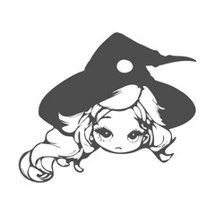 Upset young cute witch girl sketchbook cartoon style portrait. Long curly hair and big anime style eyes. Halloween relative character
