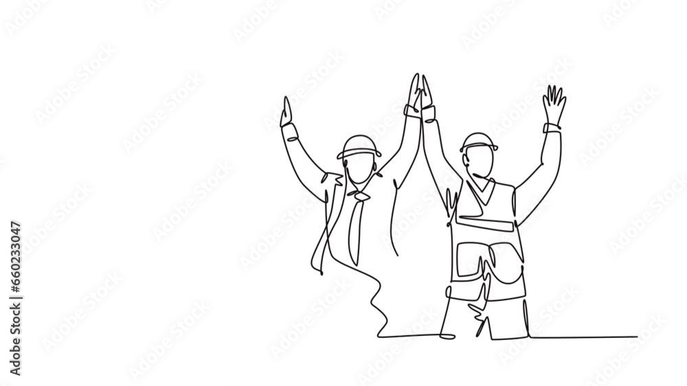 Aufkleber self drawing animation of single line draw construction worker and foreman celebrate their successiv
