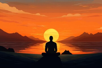 meditation at sunset by the lake, inner peace, generative ai