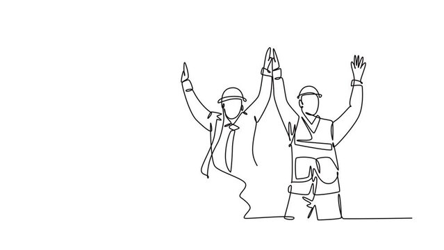 Self drawing animation of single line draw construction worker and foreman celebrate their successive build the building together. Building construction concept. Continuous line. Full length animated