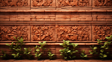 4k terracotta and brick wall design. clay wall art. floral texture. brick wall. Green plants. high resolution 16:9 aspect ratio.  soil color. natural wall. ancient architecture.  