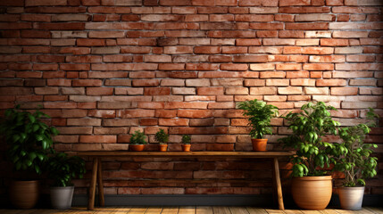4k red brick wall mosaic design. wallpaper backdrop. crafting table, plants and pots. high...