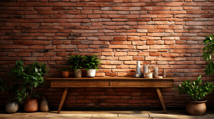 4k brick wall design. wallpaper backdrop. crafting table, plants and pots. high resolution 16:9 resolution. raw brick texture. interior design. wooden table.