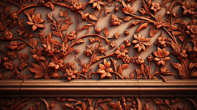 4k terracotta floral wall design. clay wall art. floral texture. brick wall. high resolution 16:9 aspect ratio.  soil color. natural wall. ancient architecture.  
