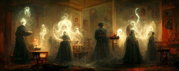 Victorian seance ghosts evil dangerous transmutation  - obrazy, fototapety, plakaty