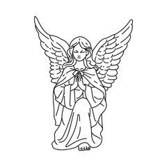 Angel illustration outline and line art. Vector on isolated white background. For printing on cards, invitations, tattoo, clothing design, etc