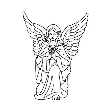 Angel illustration outline and line art. Vector on isolated white background. For printing on cards, invitations, tattoo, clothing design, etc
