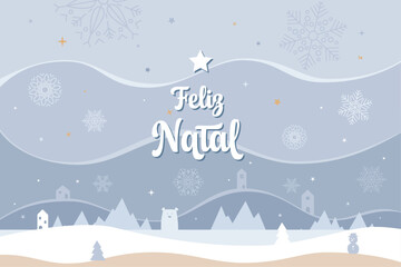 Cartão de Natal de estilo nórdico e minimalista, com uma paisagem com neve, estrelas, montanhas, pinheiros e uma cidade. Recurso gráfico vetorial. Em português.