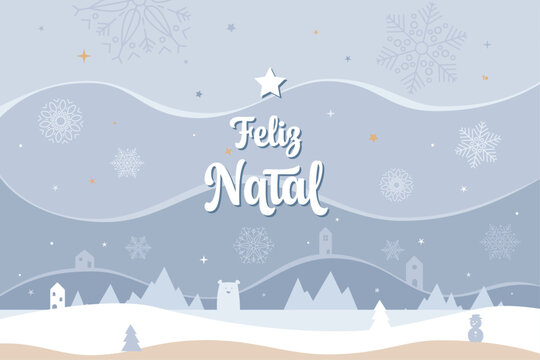 Cartão de Natal de estilo nórdico e minimalista, com uma paisagem com neve, estrelas, montanhas, pinheiros e uma cidade. Recurso gráfico vetorial. Em português.