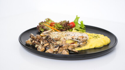 Irish Chicken with Sauteed Mushrooms, Creamy Mashed Potatoes, and a Medley of Fresh Vegetables