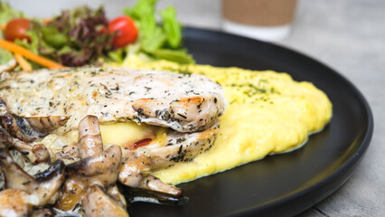 Irish Chicken with Sauteed Mushrooms, Creamy Mashed Potatoes, and a Medley of Fresh Vegetables