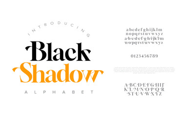 Blackshadow premium luxury elegant alphabet letters and numbers. Elegant wedding typography classic serif font decorative vintage retro. Creative vector illustration