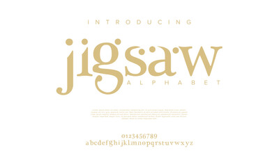 Jigsaw premium luxury elegant alphabet letters and numbers. Elegant wedding typography classic serif font decorative vintage retro. Creative vector illustration