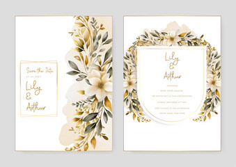 White orchid set of wedding invitation template with shapes and flower floral border