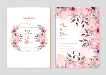 Pink rose artistic wedding invitation card template set with flower decorations