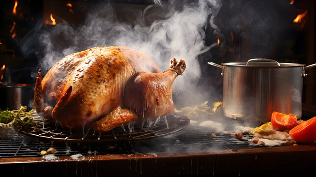 Ready roasted whole turkey in the oven, Thanksgiving food preparation