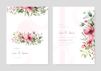 Pink frangipani beautiful wedding invitation card template set with flowers and floral