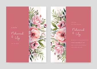Pink peony floral wedding invitation card template set with flowers frame decoration