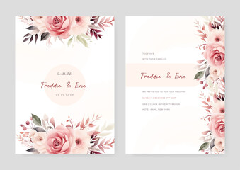 Pink rose and peony wedding invitation card template with flower and floral watercolor texture vector