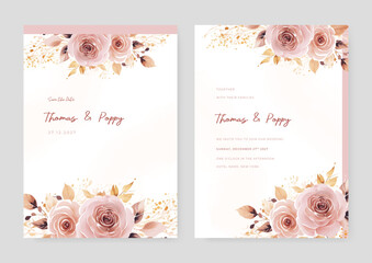 Brown rose beautiful wedding invitation card template set with flowers and floral