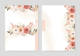 Pink peach and white rose and peony elegant wedding invitation card template with watercolor floral and leaves