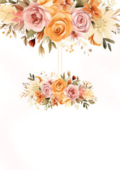 Orange and pink elegant watercolor background with flora and flower