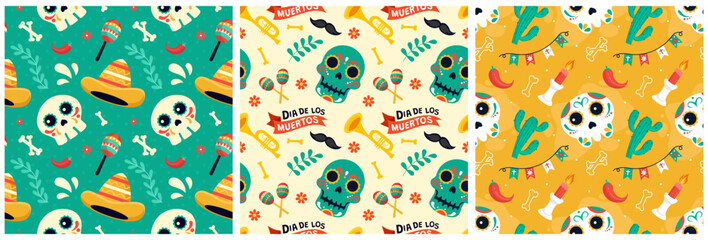 Set of Dia de Muertos Seamless Pattern Illustration with Day of the Dead and Skeleton Element in Mexican Design - obrazy, fototapety, plakaty