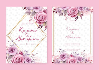 Pink and purple violet rose luxury wedding invitation with golden line art flower and botanical leaves, shapes, watercolor