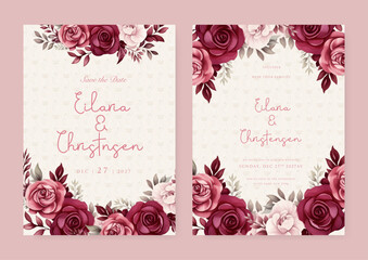 Red and pink rose wedding invitation card template with flower and floral watercolor texture vector
