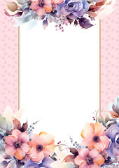 Peach pink and purple violet modern background watercolor invitation with floral and flower