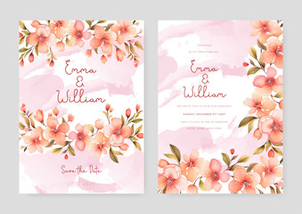 Peach sakura artistic wedding invitation card template set with flower decorations