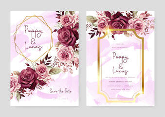 Red and pink rose beautiful wedding invitation card template set with flowers and floral