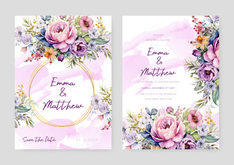 Fototapeta na wymiar Pink and purple violet rose and poppy elegant wedding invitation card template with watercolor floral and leaves
