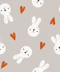 Gordijnen hand drawn doodle white bunny face oa grey beige background with red hearts, seamless pattern for valentines day wrapping paper or textile © CandyLama