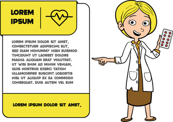 illustration of a female pharmacist  wear lab coat pointing page on isolated white background