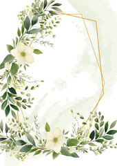 White and green watercolor hand painted background template for Invitation with flora and flower