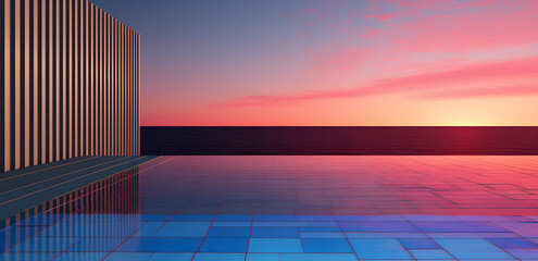 Infinite pool of luxurious hotel and sunset background. 
